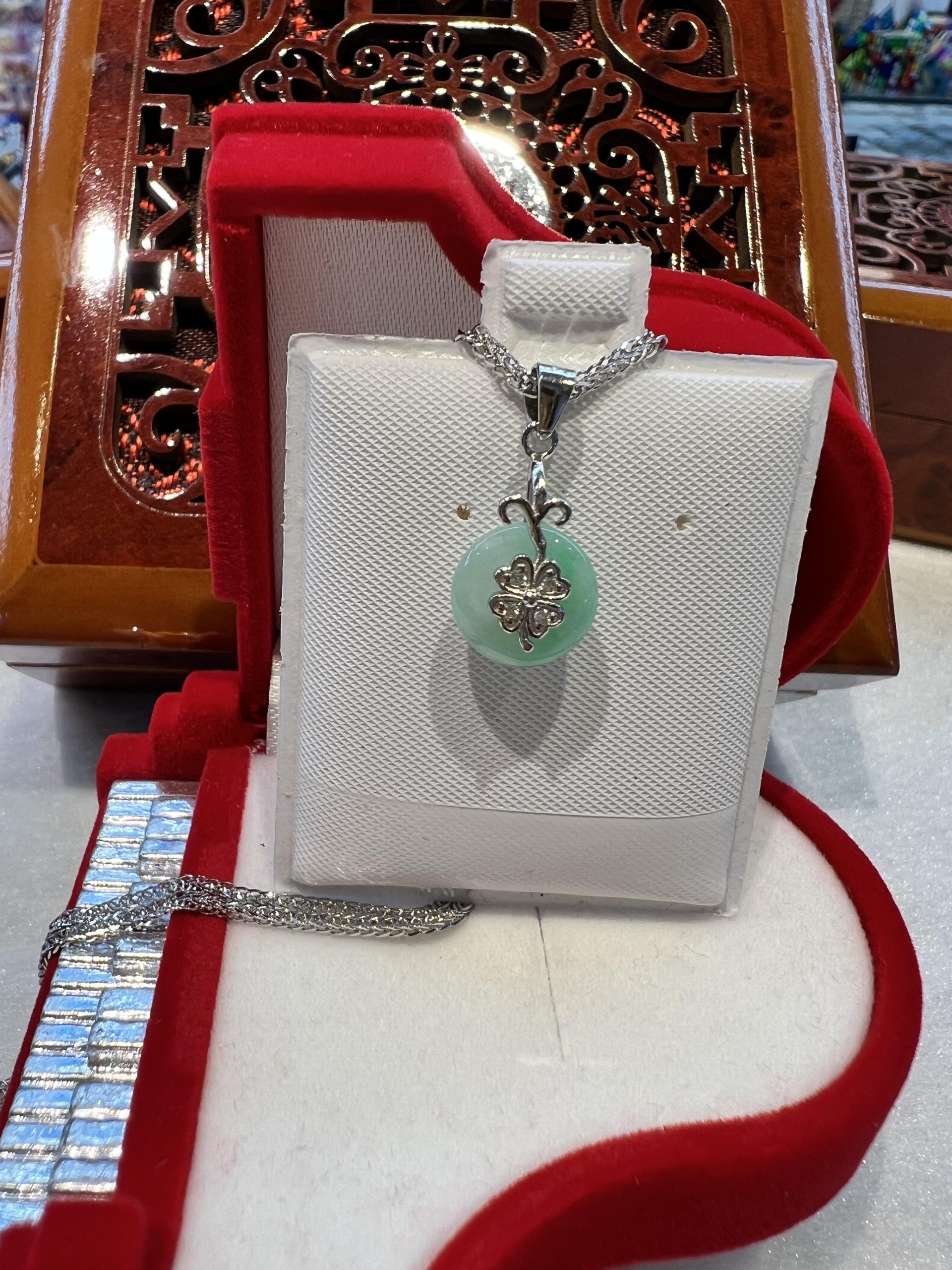 Real Jade Pendant, Dime Size, Flower Design Silver Clasp